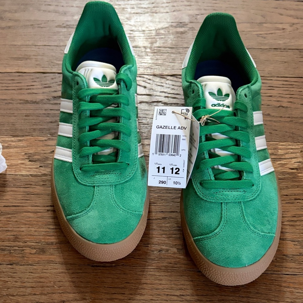 adidas Green Suede Gazelle ADV Sneakers with White Stripes and Gum Sole